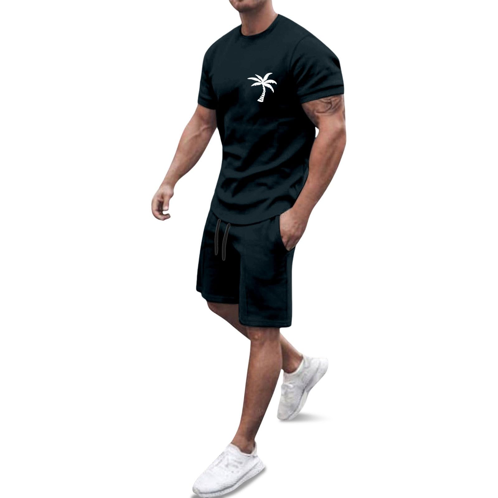Générique Men's 2-Piece Set Shorts and T-Shirt Cotton Summer Casual Fashion Sport Breathable Tracksuit Outfit Casual Beach Holiday Vintage A143