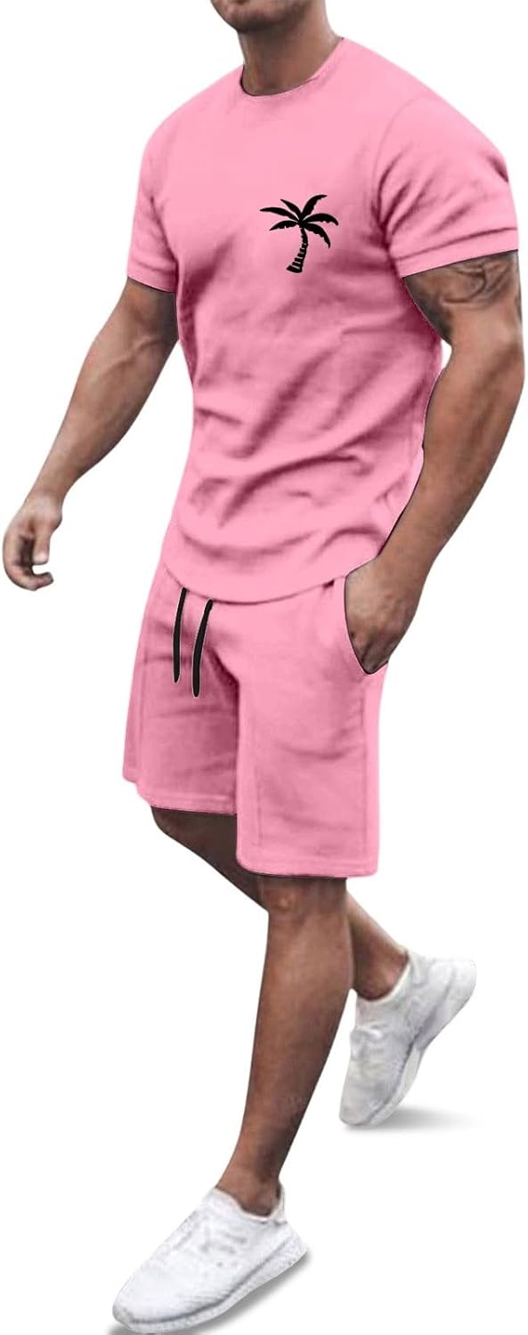 Générique Men's 2-Piece Set Shorts and T-Shirt Cotton Summer Casual Fashion Sport Breathable Tracksuit Outfit Casual Beach Holiday Vintage A143