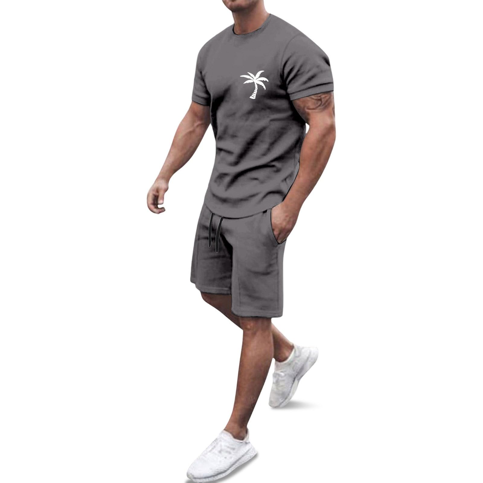 Générique Men's 2-Piece Set Shorts and T-Shirt Cotton Summer Casual Fashion Sport Breathable Tracksuit Outfit Casual Beach Holiday Vintage A143