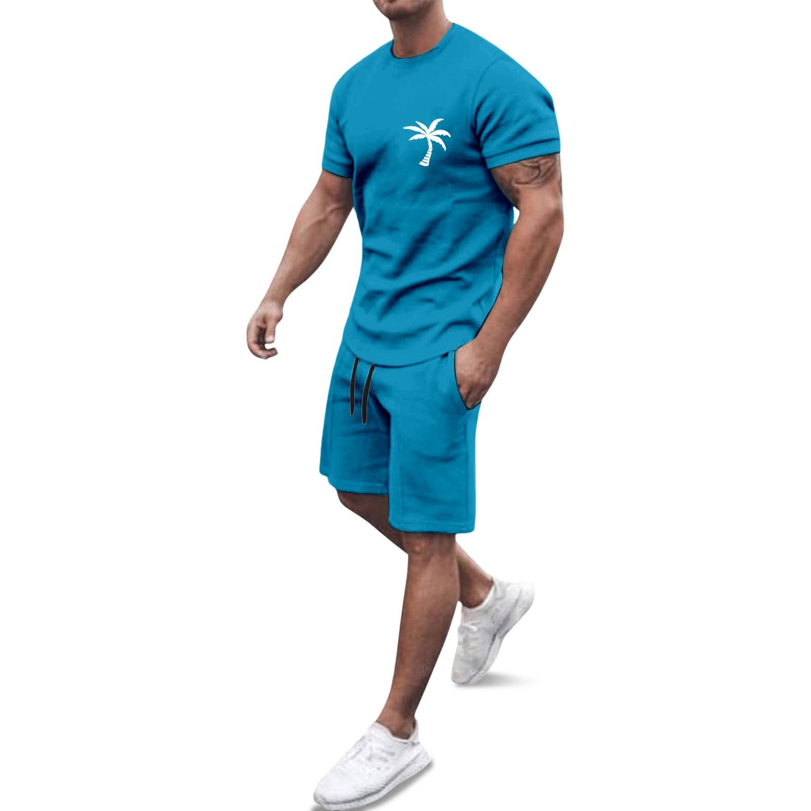 Générique Men's 2-Piece Set Shorts and T-Shirt Cotton Summer Casual Fashion Sport Breathable Tracksuit Outfit Casual Beach Holiday Vintage A143