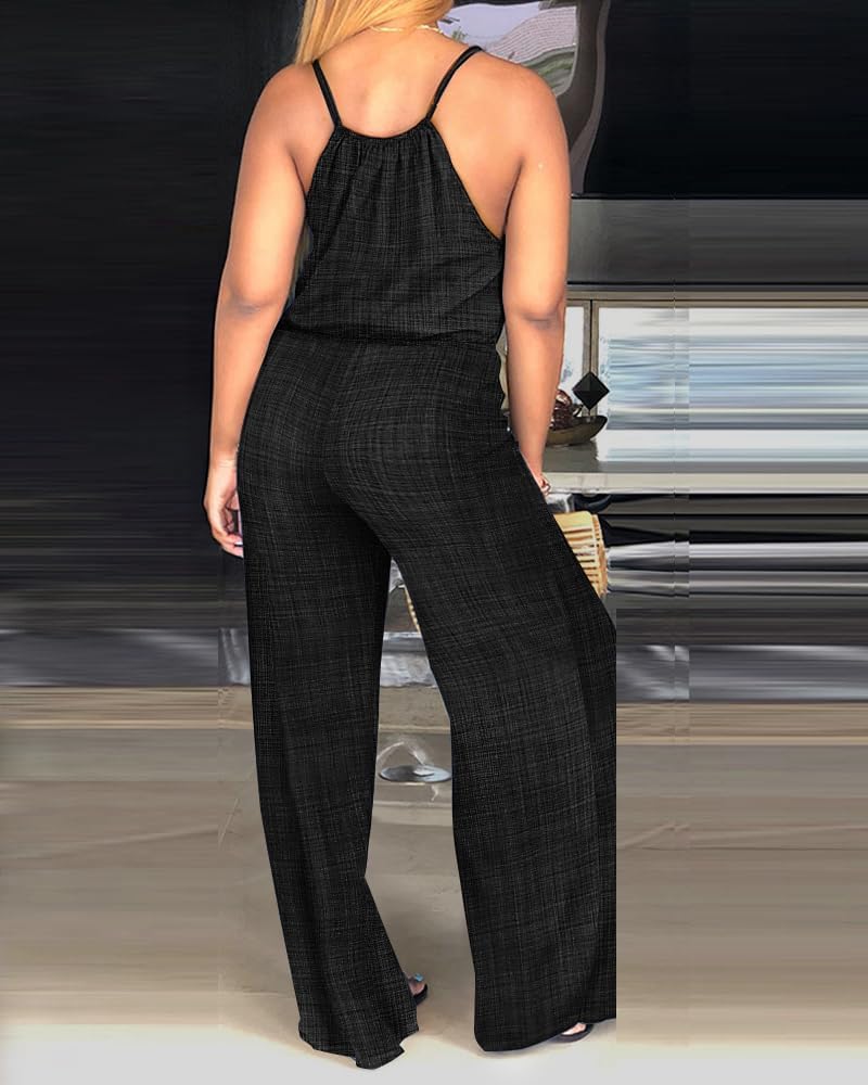 Casual spaghetti strap jumpsuit with adjustable waist drawstring in lightweight and stretchy fabric