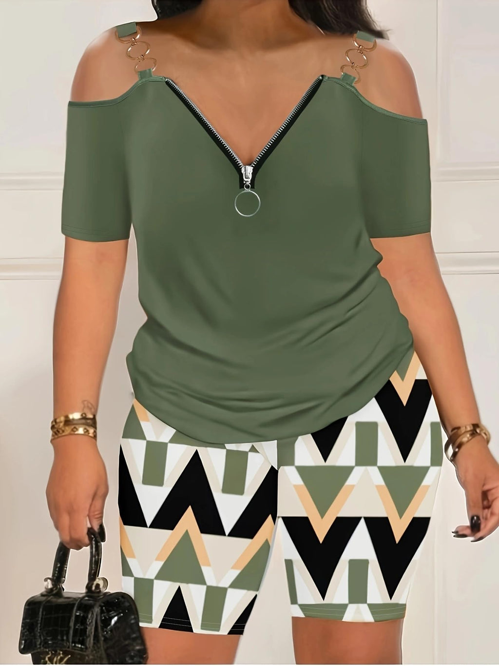 Two Piece Outfits for Women, Plus Size Loungewear Set, Casual, Off Shoulder Top, Geometric Print Shorts, Matching Set