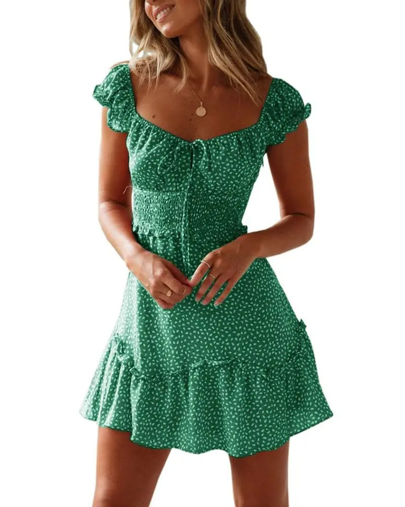Imily Bela Women Summer Ruffle Dress Elegant A-line Beach Dress High Waist Mini Dress with Drawstring
