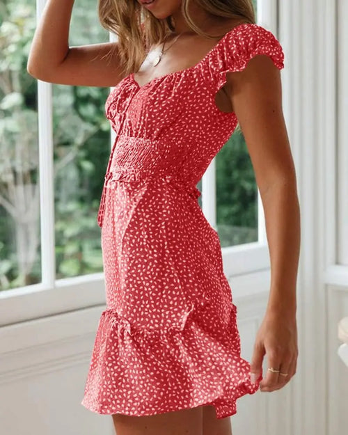 Imily Bela Women Summer Ruffle Dress Elegant A-line Beach Dress High Waist Mini Dress with Drawstring