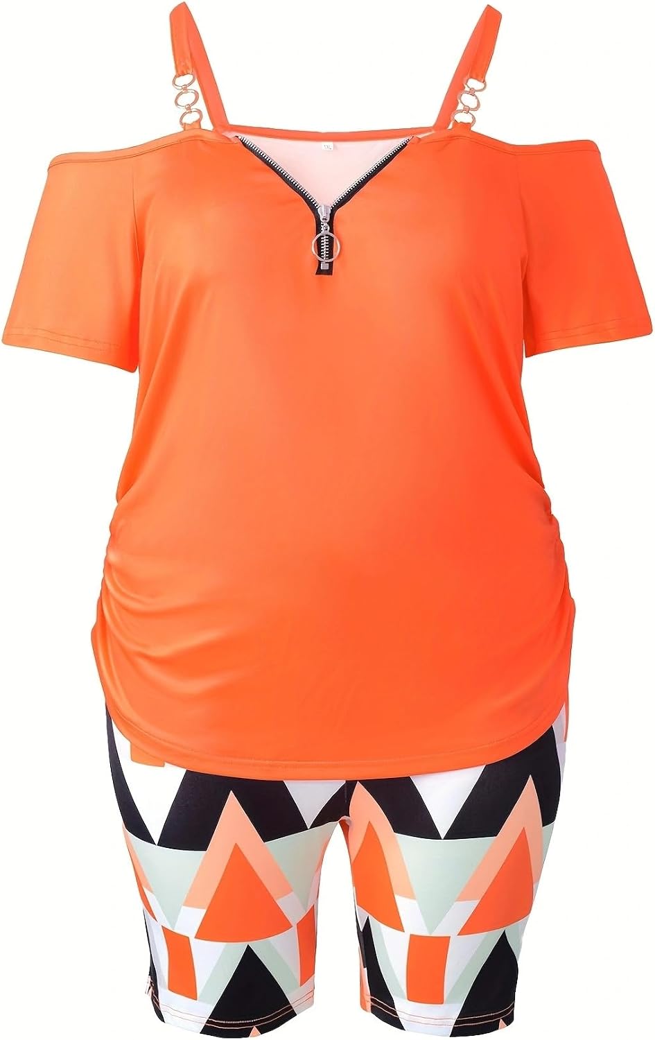 Two Piece Outfits for Women, Plus Size Loungewear Set, Casual, Off Shoulder Top, Geometric Print Shorts, Matching Set