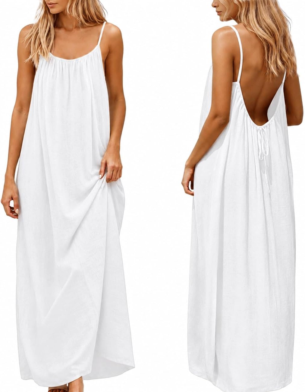 nnOuOnn Women's Backless Cami Dress Summer 2026 Sleeveless Long Casual Summer Dress Summer Dress Open Back Flowy Summer Dress for Vacation Beach Home Solid Color