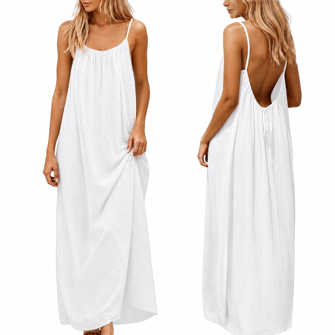 nnOuOnn Women's Backless Cami Dress Summer 2026 Sleeveless Long Casual Summer Dress Summer Dress Open Back Flowy Summer Dress for Vacation Beach Home Solid Color