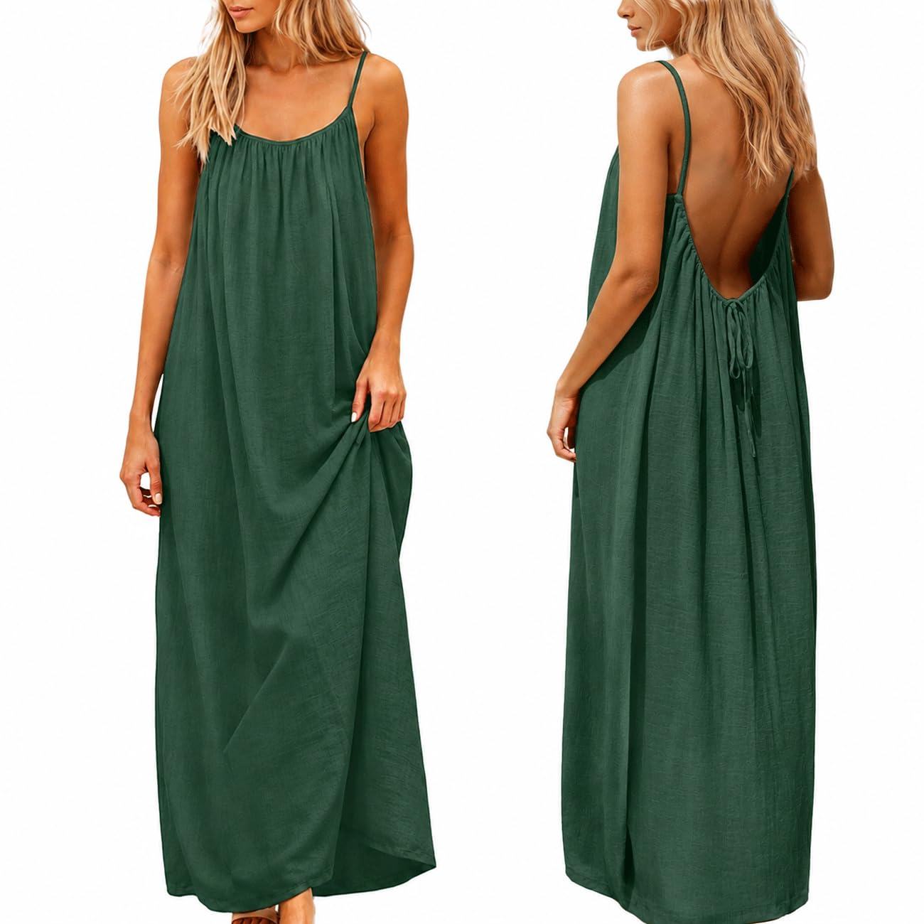 nnOuOnn Women's Backless Cami Dress Summer 2026 Sleeveless Long Casual Summer Dress Summer Dress Open Back Flowy Summer Dress for Vacation Beach Home Solid Color
