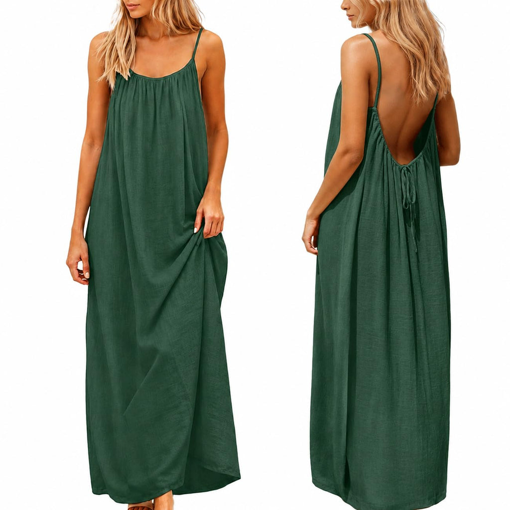 nnOuOnn Women's Backless Cami Dress Summer 2026 Sleeveless Long Casual Summer Dress Summer Dress Open Back Flowy Summer Dress for Vacation Beach Home Solid Color