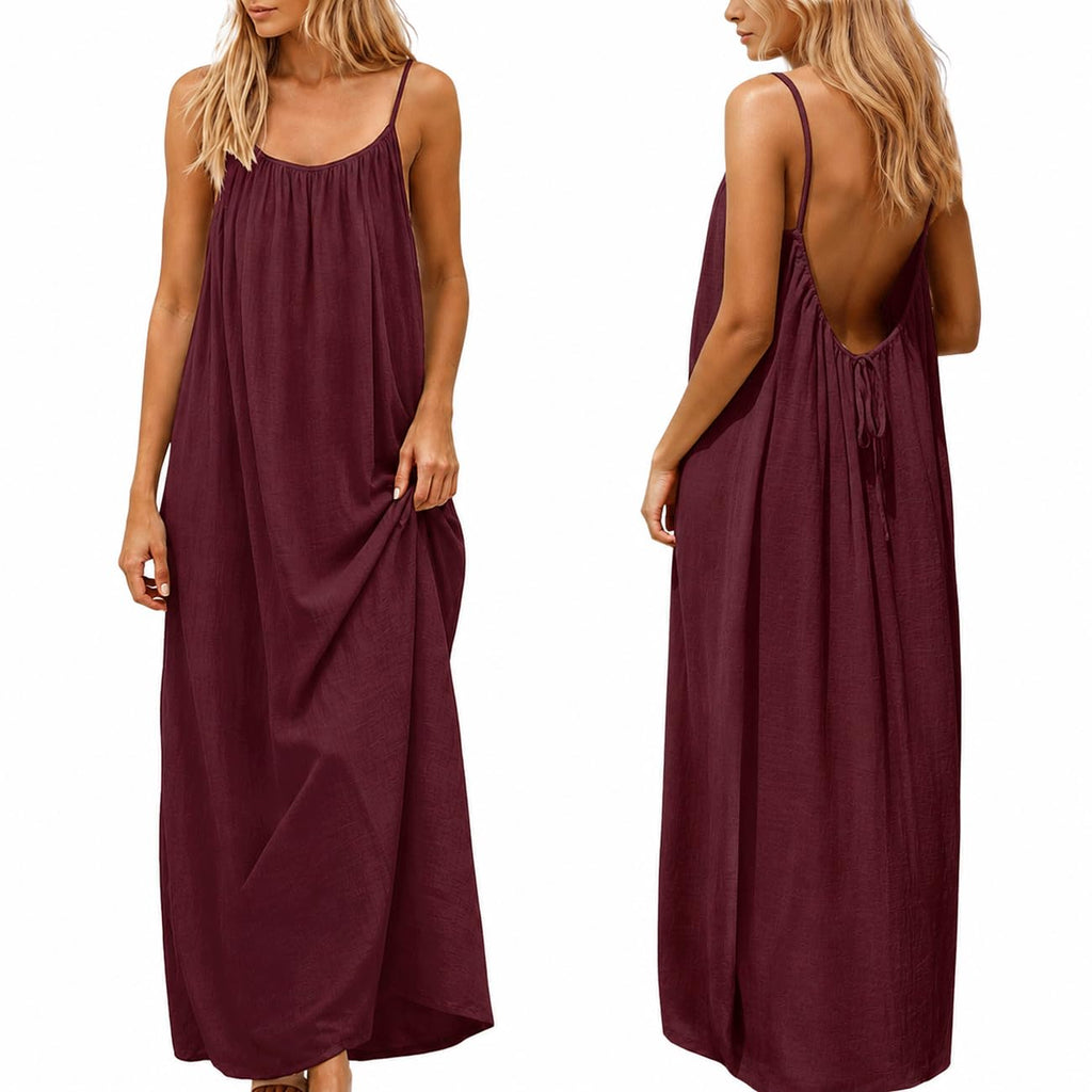 nnOuOnn Women's Backless Cami Dress Summer 2026 Sleeveless Long Casual Summer Dress Summer Dress Open Back Flowy Summer Dress for Vacation Beach Home Solid Color