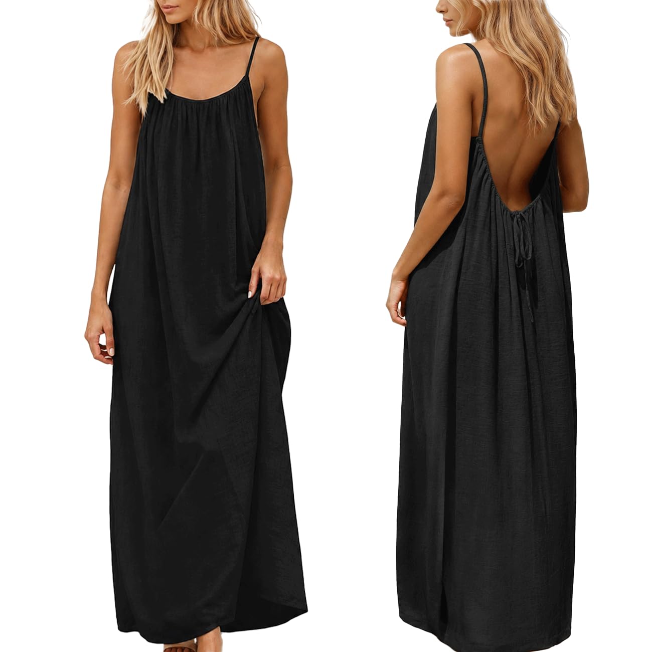 nnOuOnn Women's Backless Cami Dress Summer 2026 Sleeveless Long Casual Summer Dress Summer Dress Open Back Flowy Summer Dress for Vacation Beach Home Solid Color