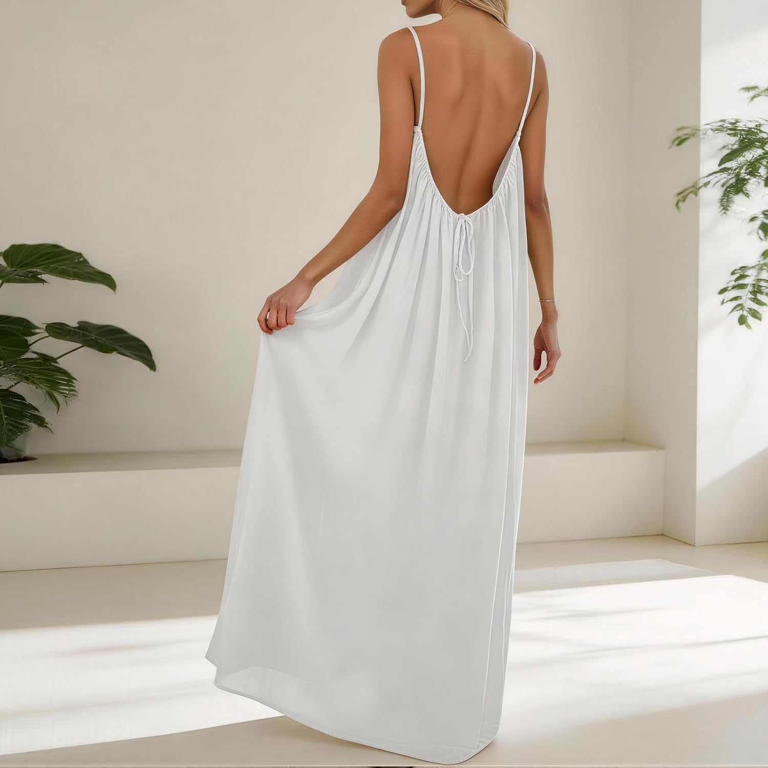 nnOuOnn Women's Backless Cami Dress Summer 2026 Sleeveless Long Casual Summer Dress Summer Dress Open Back Flowy Summer Dress for Vacation Beach Home Solid Color