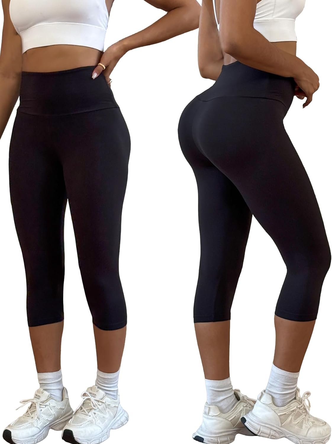 3 Pack Women's High Waisted Capri Pants 5" Super Soft Tummy Control Non See Through Workout Running Yoga