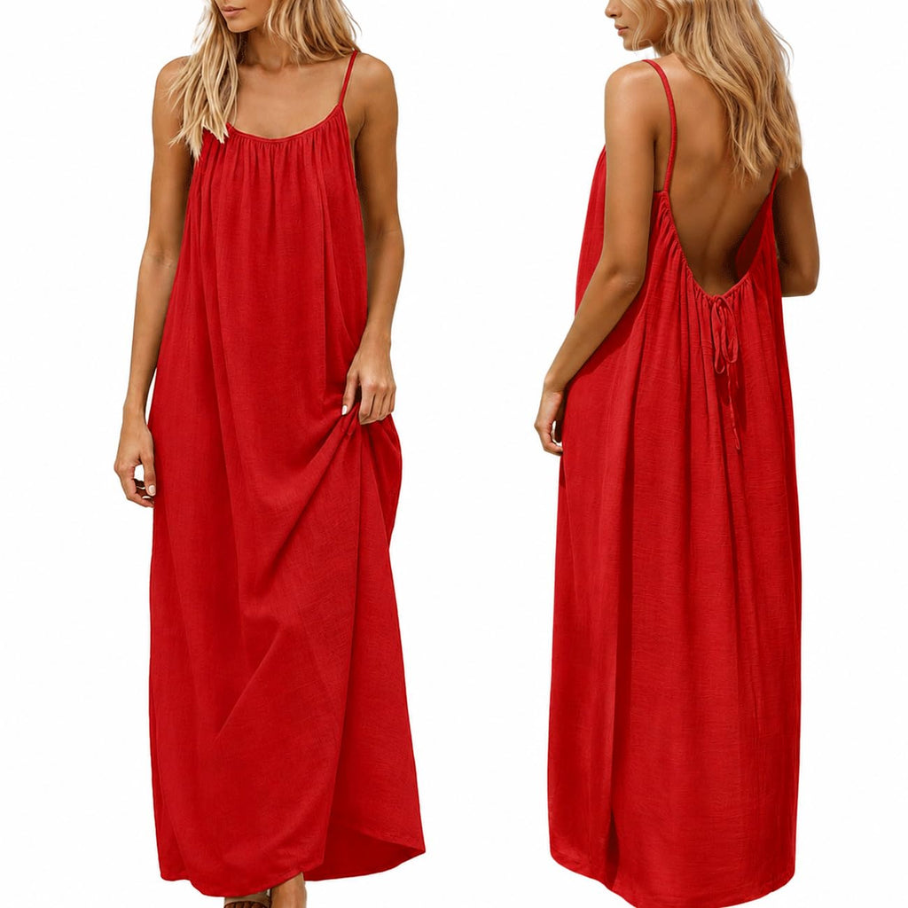 nnOuOnn Women's Backless Cami Dress Summer 2026 Sleeveless Long Casual Summer Dress Summer Dress Open Back Flowy Summer Dress for Vacation Beach Home Solid Color