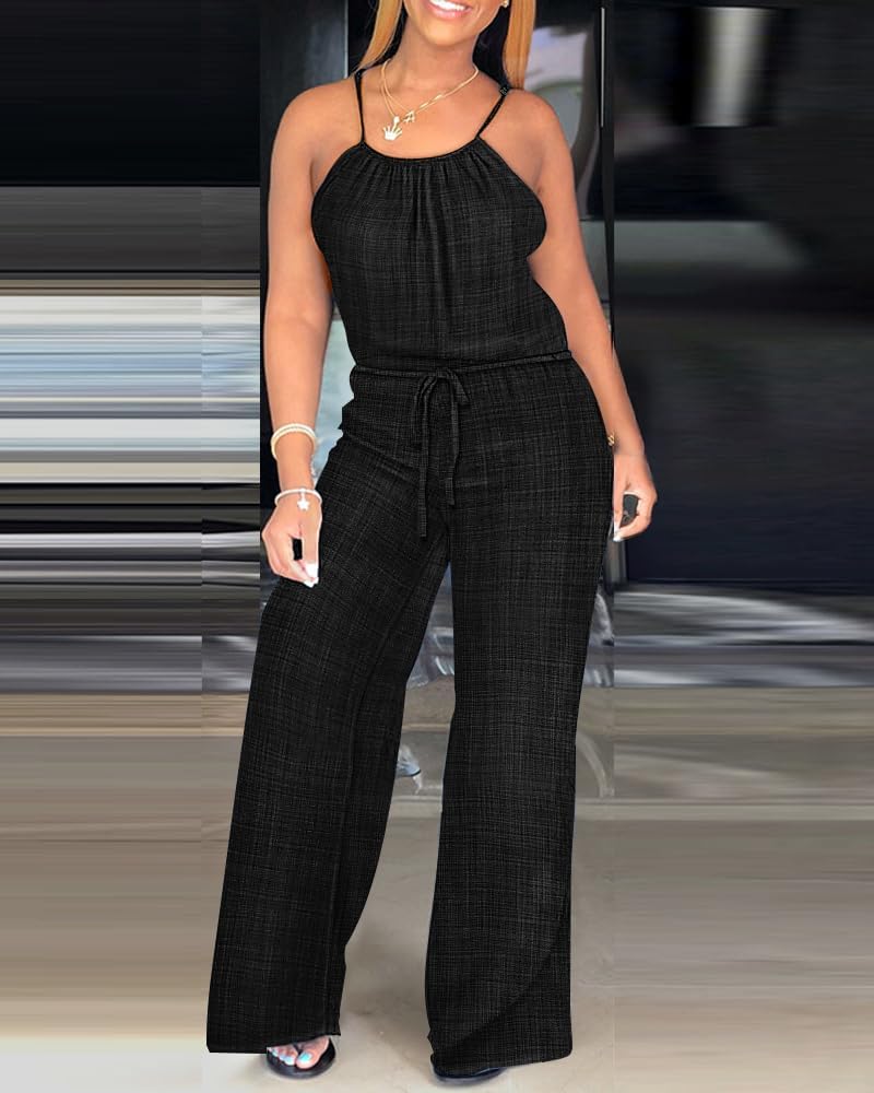 Casual spaghetti strap jumpsuit with adjustable waist drawstring in lightweight and stretchy fabric