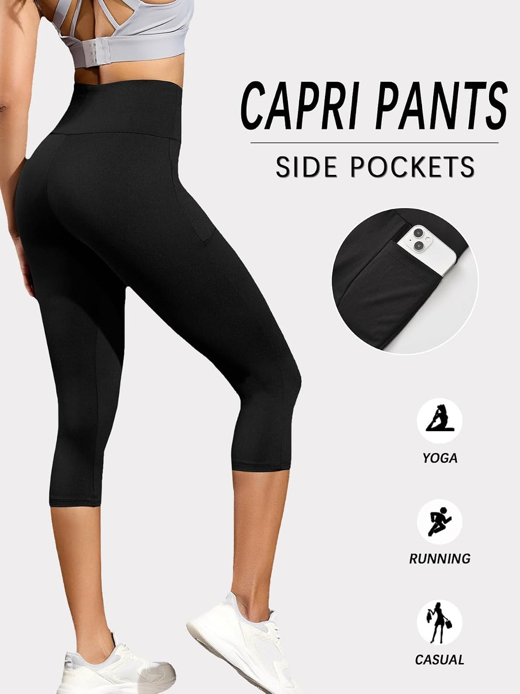 2 Pack Women's 5" High Waisted Capri Pants with Pockets, Super Soft, Tummy Control, Non See Through Workout, Running, Yoga.