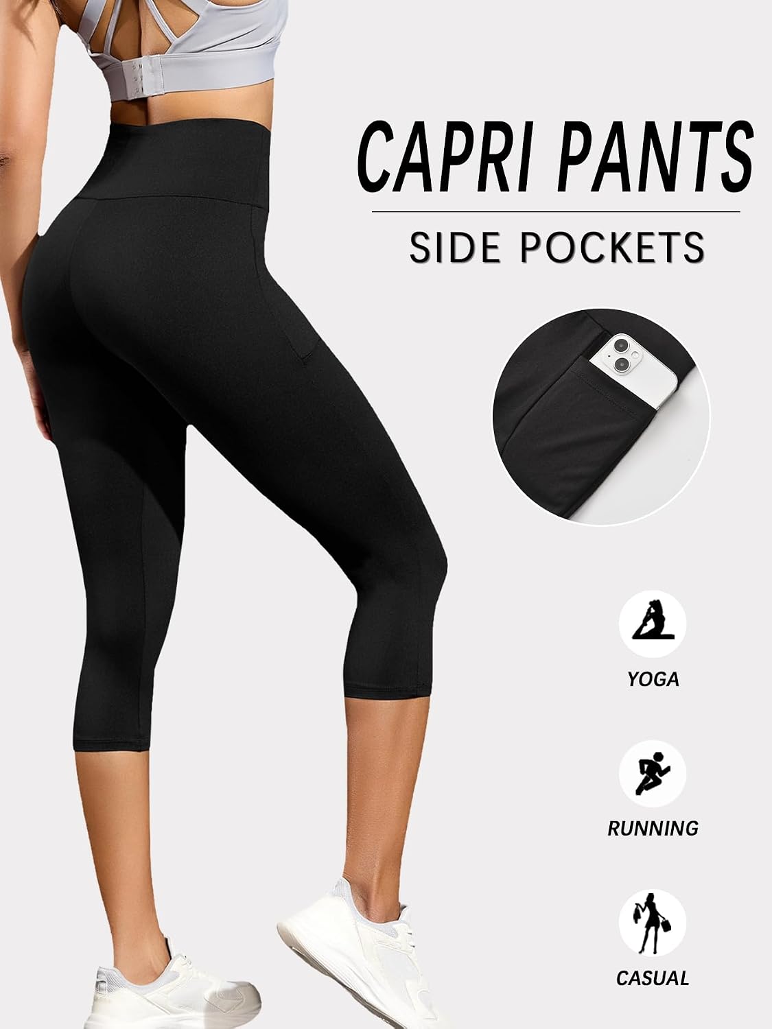 2 Pack Women's 5" High Waisted Capri Pants with Pockets, Super Soft, Tummy Control, Non See Through Workout, Running, Yoga.
