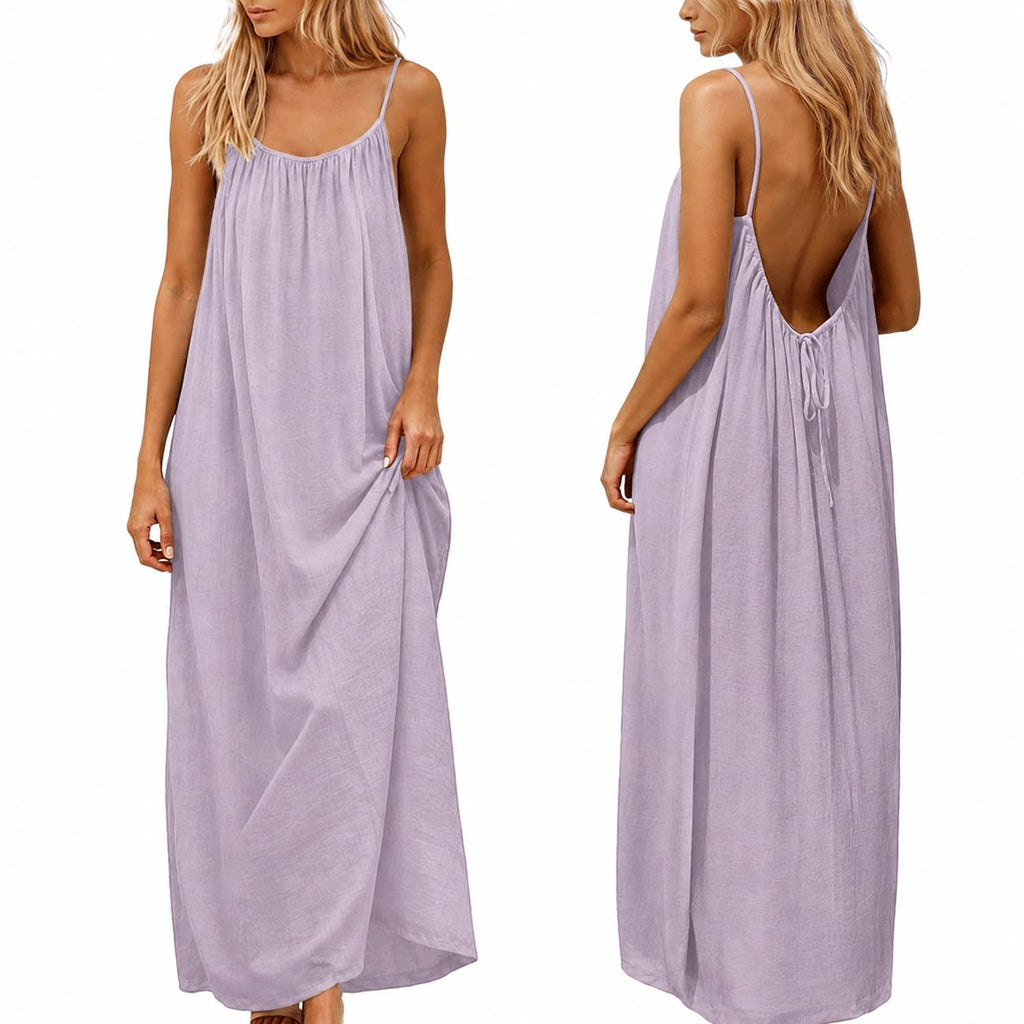 nnOuOnn Women's Backless Cami Dress Summer 2026 Sleeveless Long Casual Summer Dress Summer Dress Open Back Flowy Summer Dress for Vacation Beach Home Solid Color