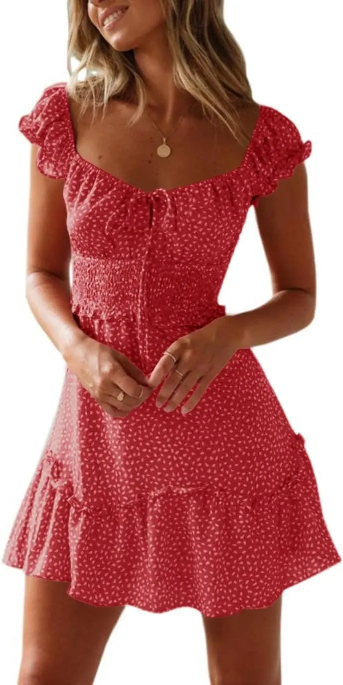 Imily Bela Women Summer Ruffle Dress Elegant A-line Beach Dress High Waist Mini Dress with Drawstring