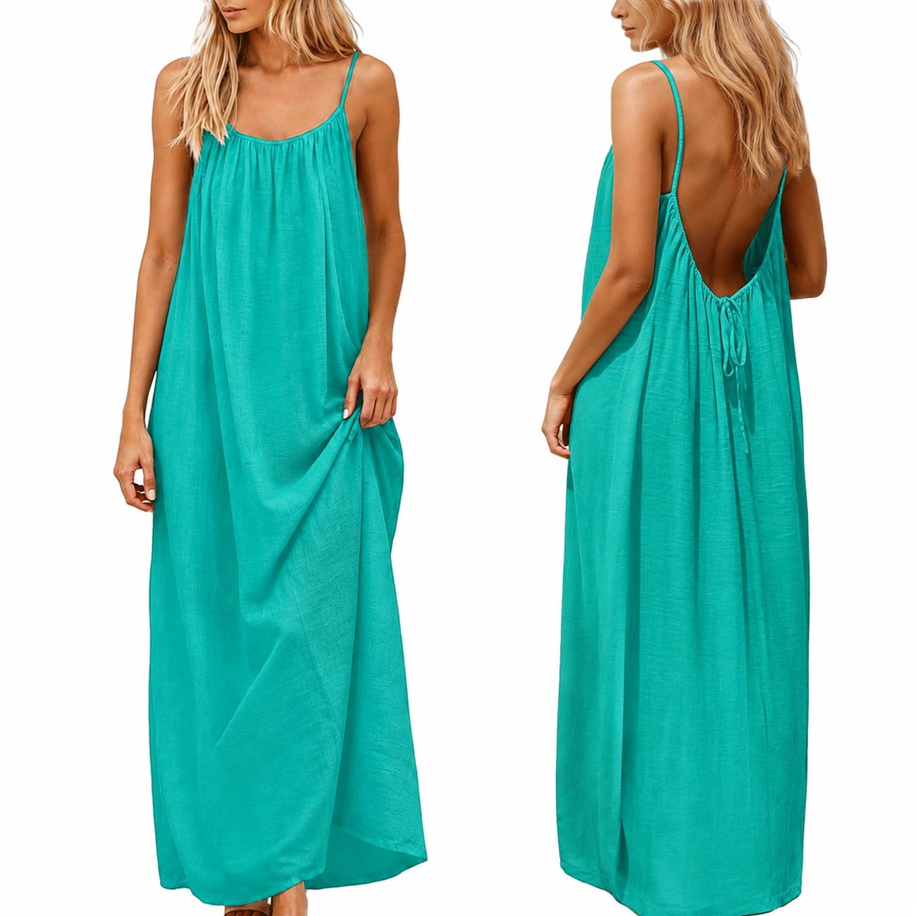 nnOuOnn Women's Backless Cami Dress Summer 2026 Sleeveless Long Casual Summer Dress Summer Dress Open Back Flowy Summer Dress for Vacation Beach Home Solid Color
