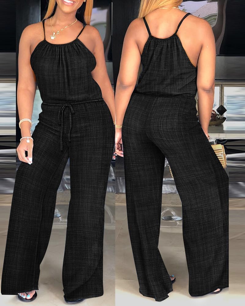 Casual spaghetti strap jumpsuit with adjustable waist drawstring in lightweight and stretchy fabric