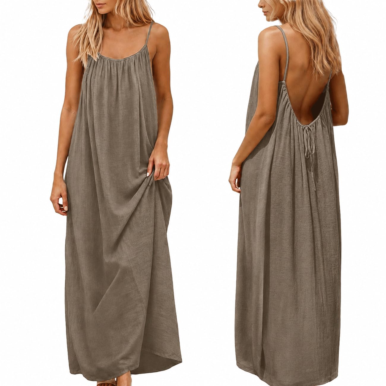 nnOuOnn Women's Backless Cami Dress Summer 2026 Sleeveless Long Casual Summer Dress Summer Dress Open Back Flowy Summer Dress for Vacation Beach Home Solid Color