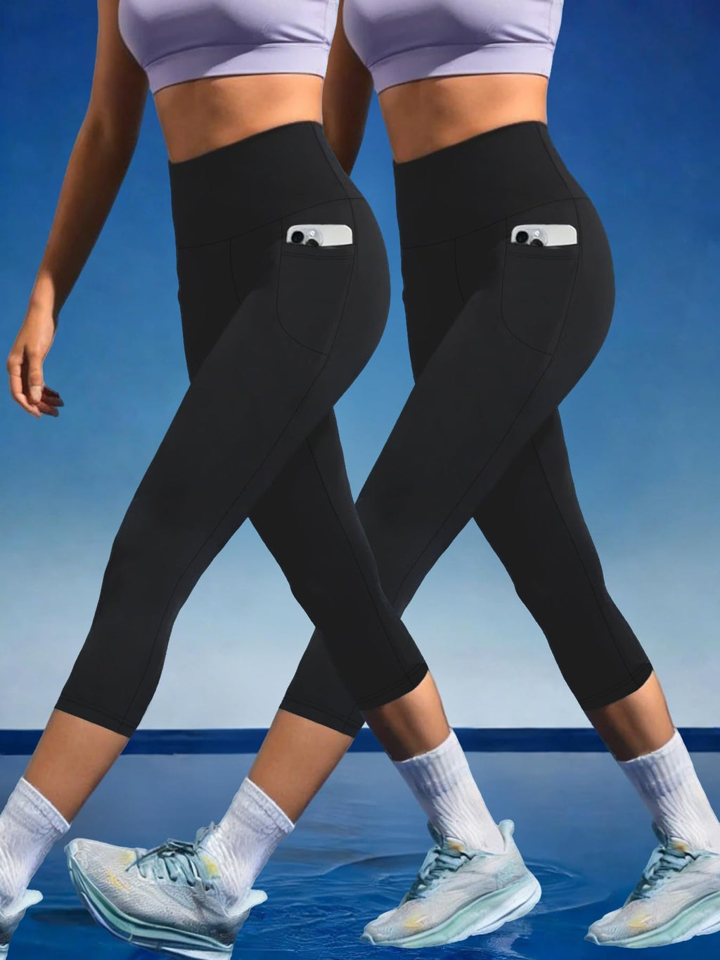 2 Pack Women's 5" High Waisted Capri Pants with Pockets, Super Soft, Tummy Control, Non See Through Workout, Running, Yoga.