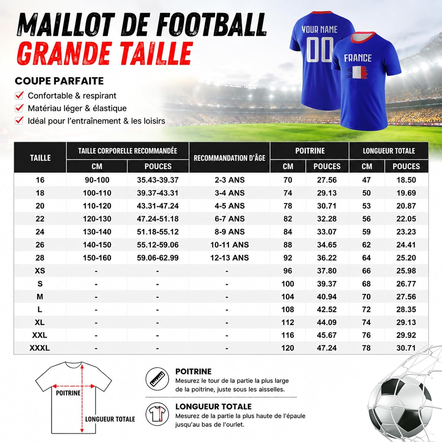 Maillot de Foot Personnalisé France, T-Shirt Sport Personnalisable Nom et Numéro, Enfant et Adulte Tenue de Sport pour Entraînement et Cadeau Football