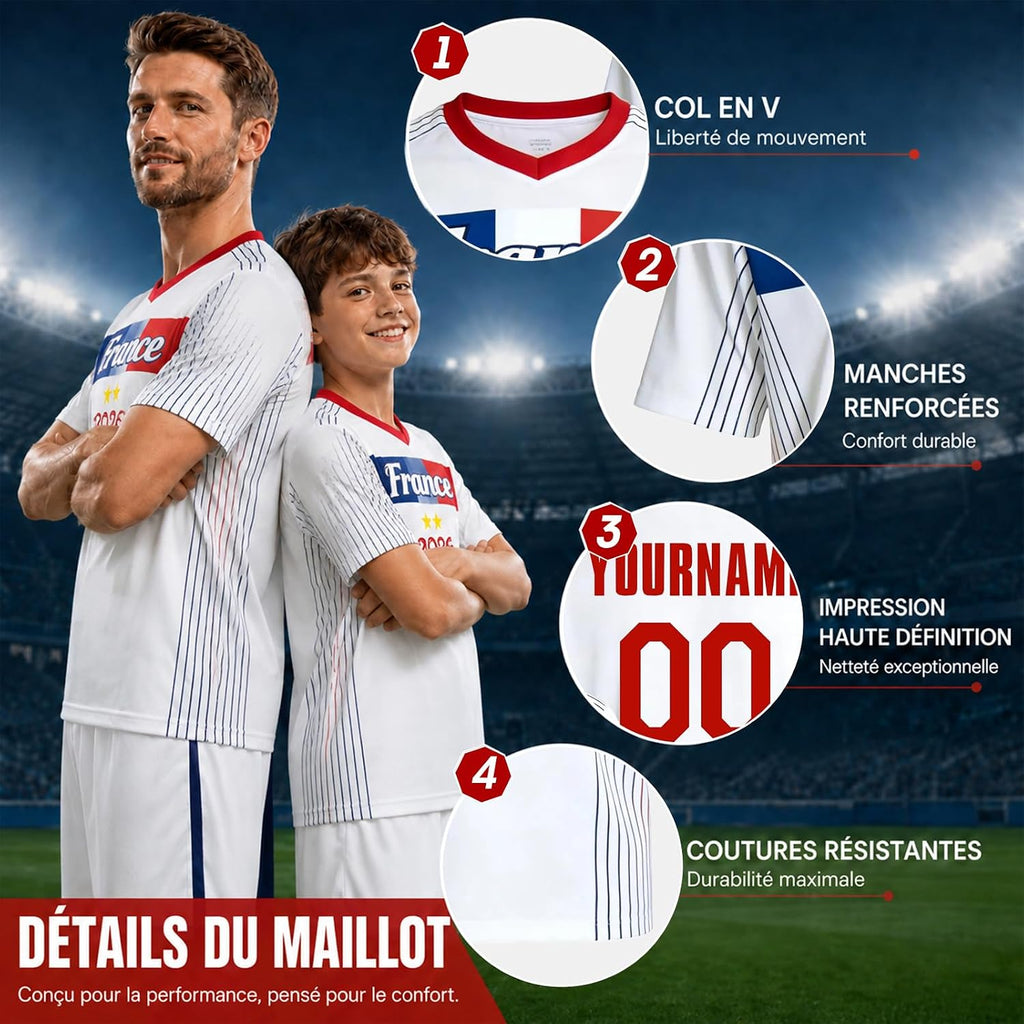 Maillot de Foot Personnalisé France, T-Shirt Sport Personnalisable Nom et Numéro, Enfant et Adulte Tenue de Sport pour Entraînement et Cadeau Football