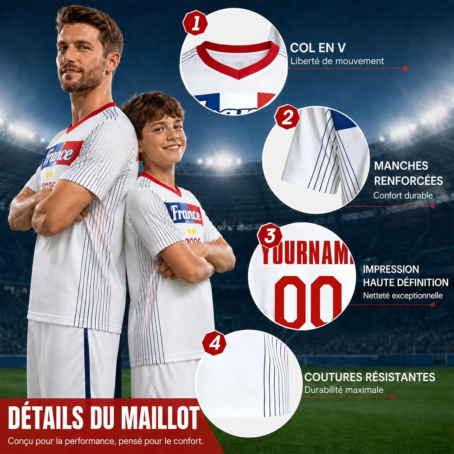 Maillot de Foot Personnalisé France, T-Shirt Sport Personnalisable Nom et Numéro, Enfant et Adulte Tenue de Sport pour Entraînement et Cadeau Football