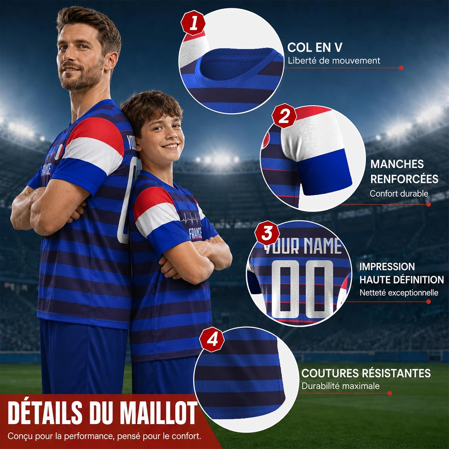 Maillot de Foot Personnalisé France, T-Shirt Sport Personnalisable Nom et Numéro, Enfant et Adulte Tenue de Sport pour Entraînement et Cadeau Football