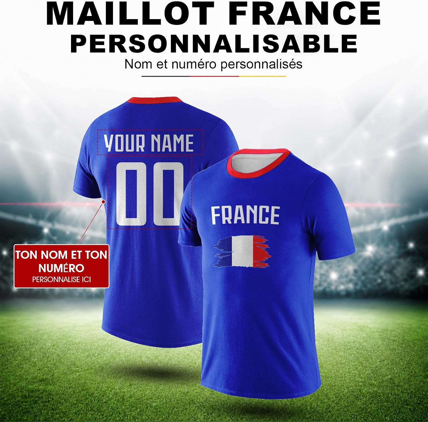 Maillot de Foot Personnalisé France, T-Shirt Sport Personnalisable Nom et Numéro, Enfant et Adulte Tenue de Sport pour Entraînement et Cadeau Football