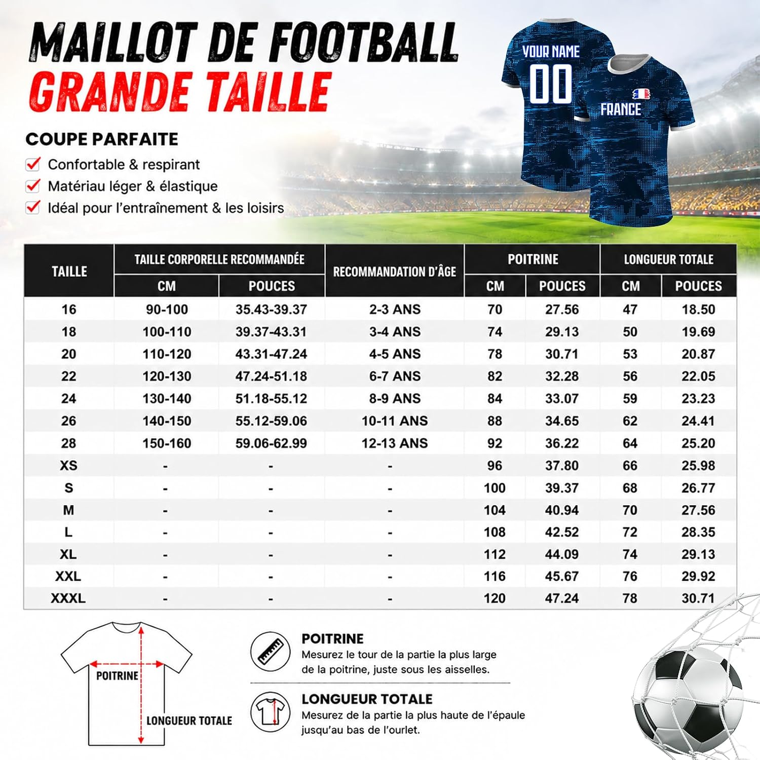 Maillot de Foot Personnalisé France, T-Shirt Sport Personnalisable Nom et Numéro, Enfant et Adulte Tenue de Sport pour Entraînement et Cadeau Football