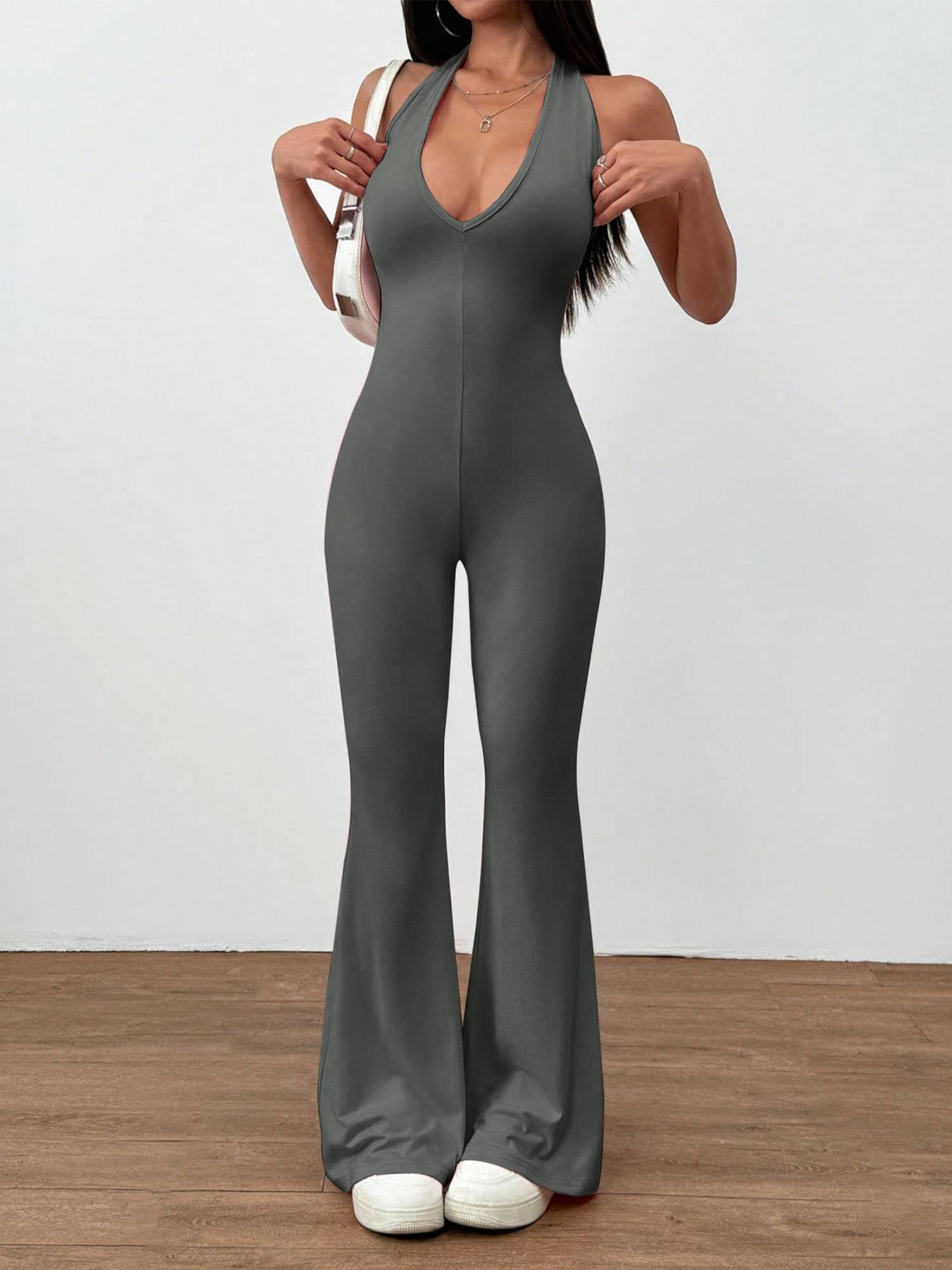 Backless Sleeveless Backless Deep V Neck Casual Flare Leg Jumpsuit