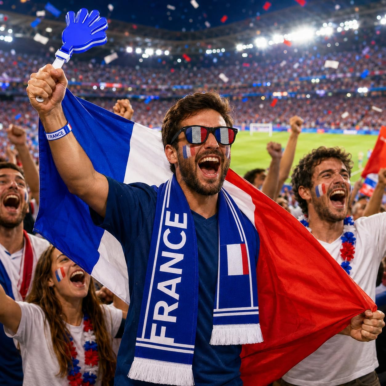 France Tricolour Supporter Kit – Set of Accessories Blue White Red with Flag 90 x 150 cm, Scarf, Fun Glasses – Complete Set for Sports Parties, Matches and Football Events 2026