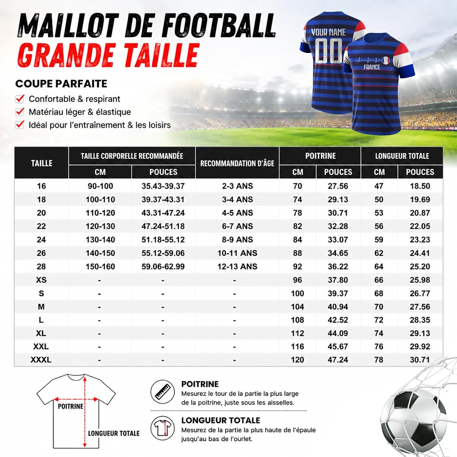 Maillot de Foot Personnalisé France, T-Shirt Sport Personnalisable Nom et Numéro, Enfant et Adulte Tenue de Sport pour Entraînement et Cadeau Football