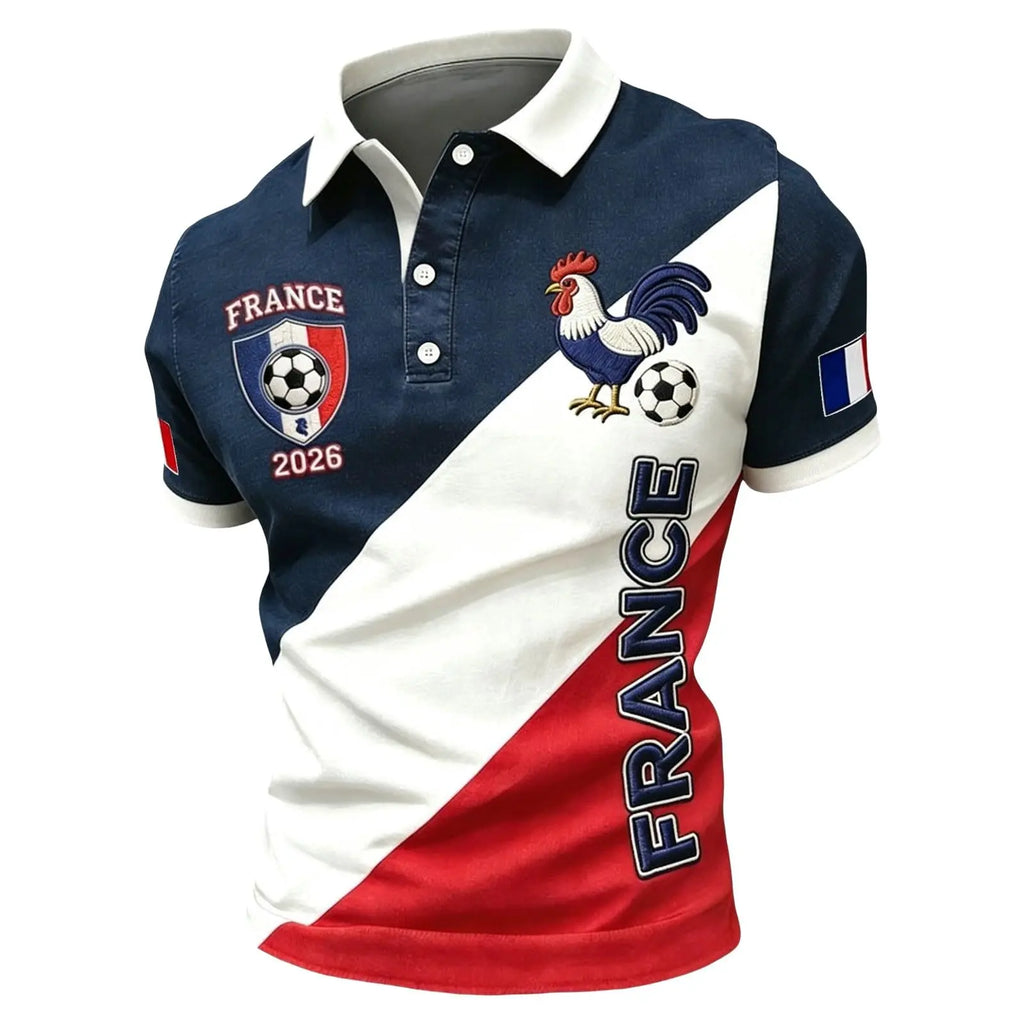 France 2026 Men's Football Supporter T-Shirt Streetwear. Image 62 of 94. Blue jersey with rooster emblem.