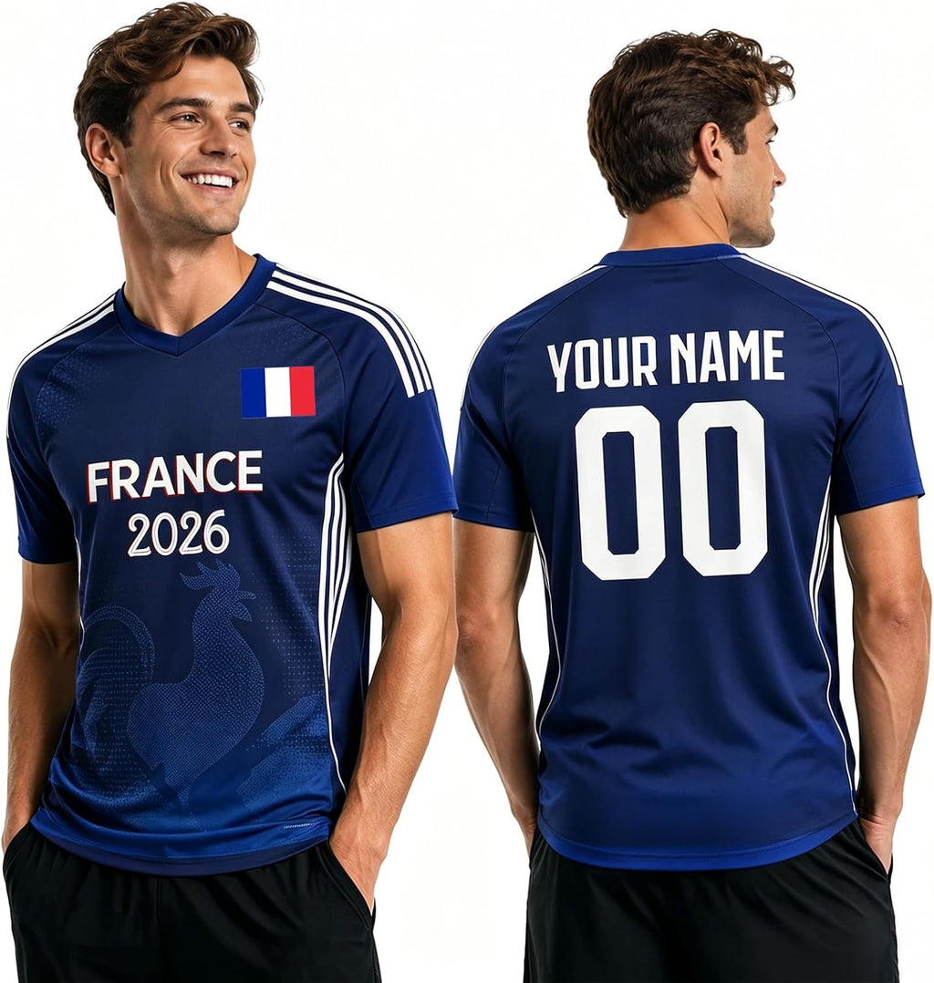 Maillot de Foot Personnalisé France, T-Shirt Sport Personnalisable Nom et Numéro, Enfant et Adulte Tenue de Sport pour Entraînement et Cadeau Football
