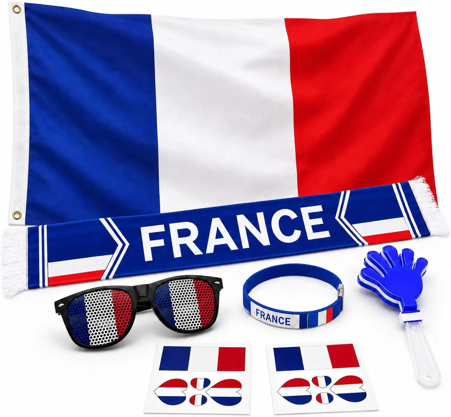 France Tricolour Supporter Kit – Set of Accessories Blue White Red with Flag 90 x 150 cm, Scarf, Fun Glasses – Complete Set for Sports Parties, Matches and Football Events 2026