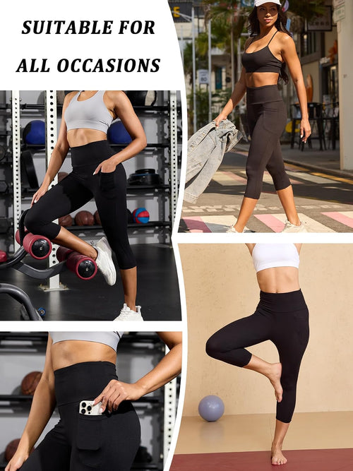 2 Pack Women's 5" High Waisted Capri Pants with Pockets, Super Soft, Tummy Control, Non See Through Workout, Running, Yoga.