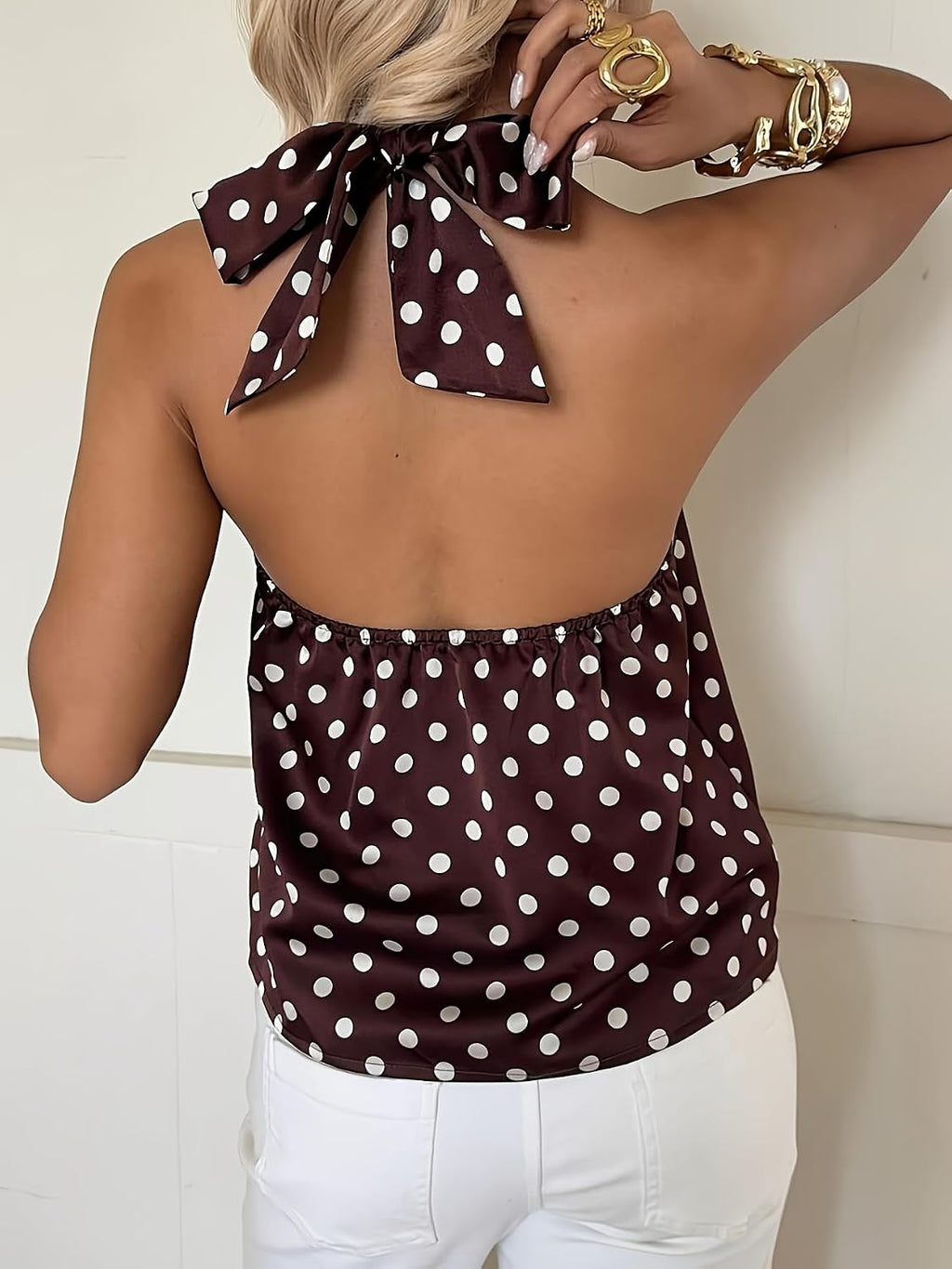 Women's Sexy Backless Sleeveless Top Polka Dot Backless Tie Neck Fashion Tops Y2K