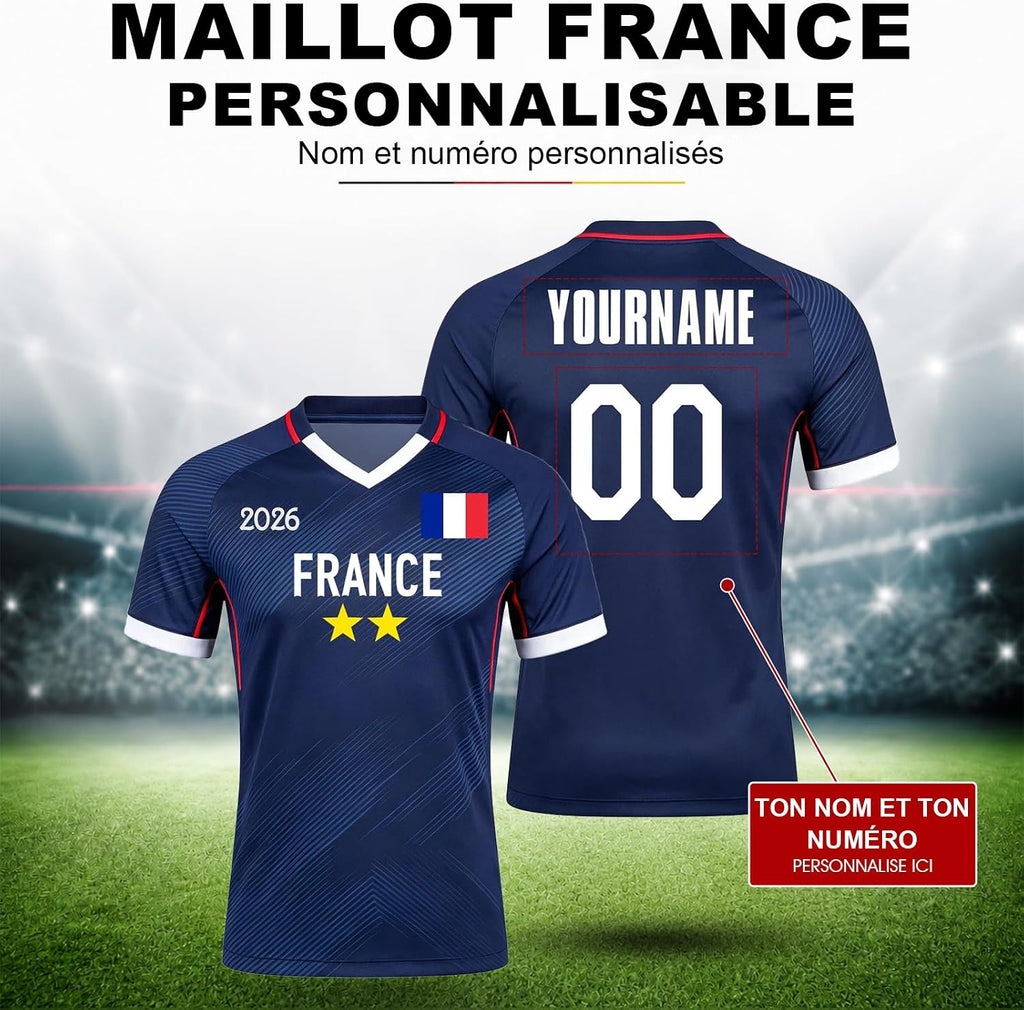 Maillot de Foot Personnalisé France, T-Shirt Sport Personnalisable Nom et Numéro, Enfant et Adulte Tenue de Sport pour Entraînement et Cadeau Football