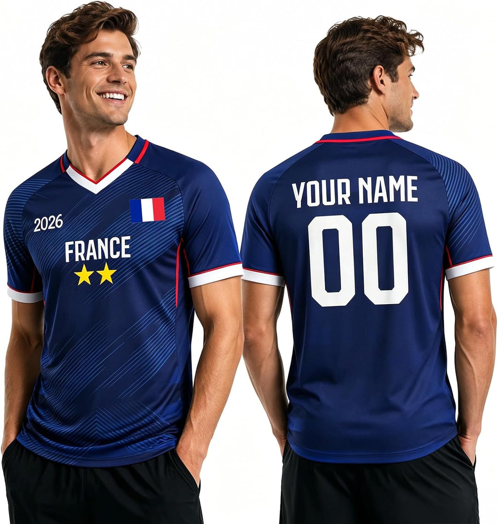 Maillot de Foot Personnalisé France, T-Shirt Sport Personnalisable Nom et Numéro, Enfant et Adulte Tenue de Sport pour Entraînement et Cadeau Football