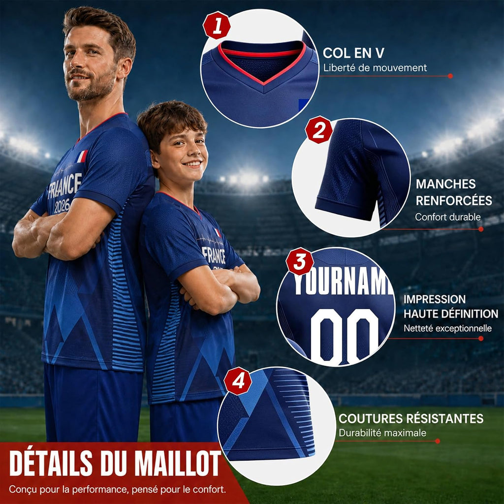 Maillot de Foot Personnalisé France, T-Shirt Sport Personnalisable Nom et Numéro, Enfant et Adulte Tenue de Sport pour Entraînement et Cadeau Football