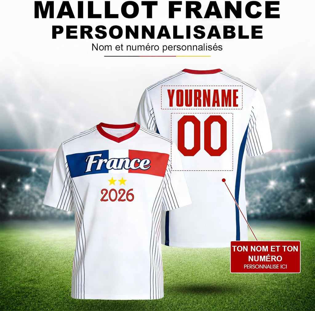 Maillot de Foot Personnalisé France, T-Shirt Sport Personnalisable Nom et Numéro, Enfant et Adulte Tenue de Sport pour Entraînement et Cadeau Football