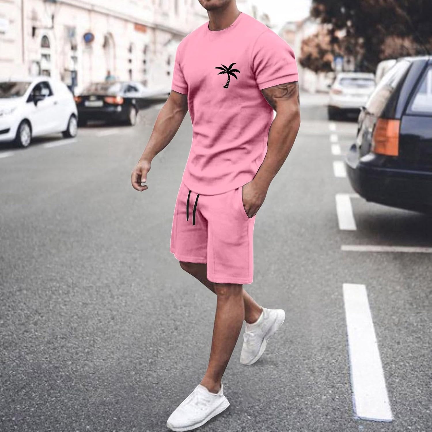 Générique Men's 2-Piece Set Shorts and T-Shirt Cotton Summer Casual Fashion Sport Breathable Tracksuit Outfit Casual Beach Holiday Vintage A143
