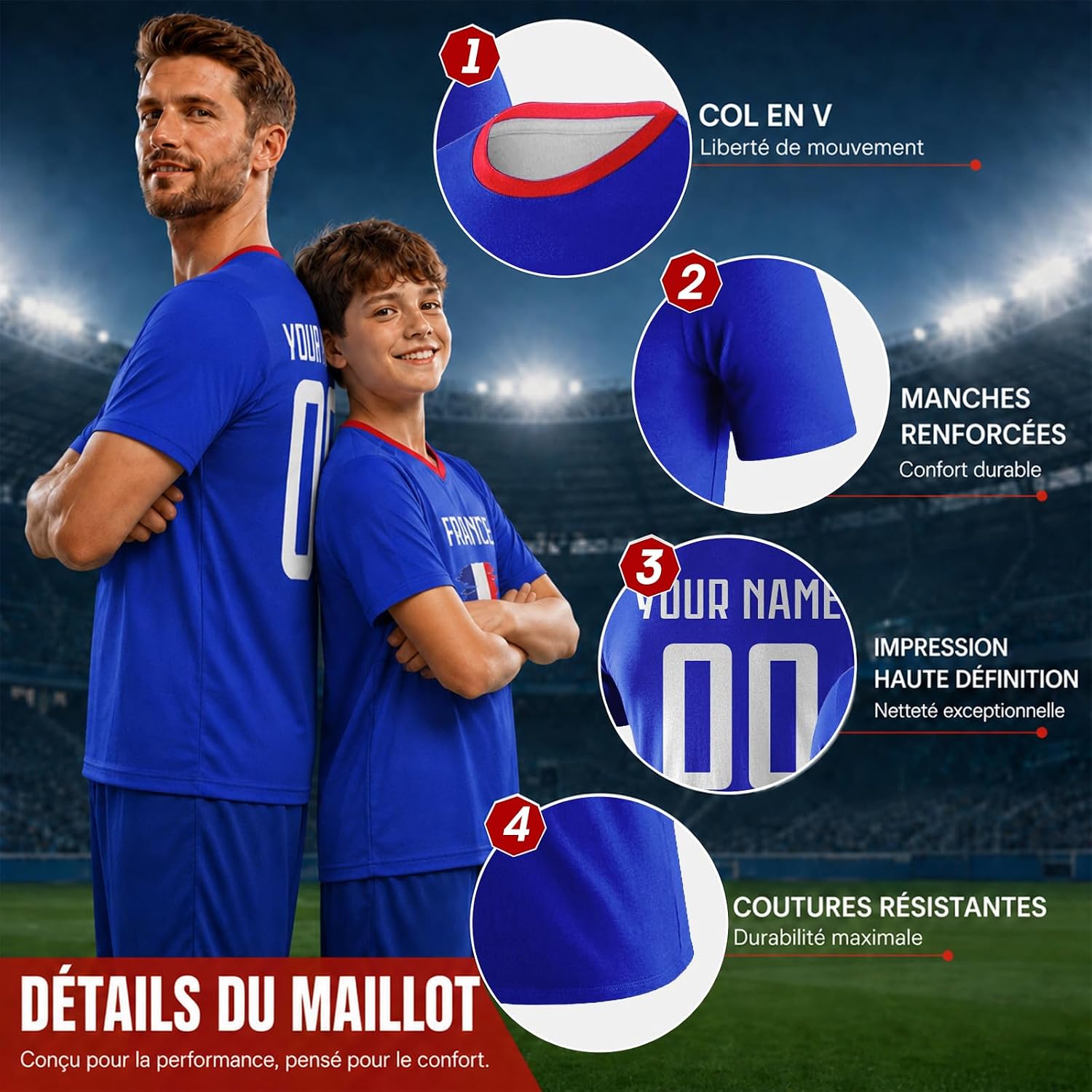 Maillot de Foot Personnalisé France, T-Shirt Sport Personnalisable Nom et Numéro, Enfant et Adulte Tenue de Sport pour Entraînement et Cadeau Football