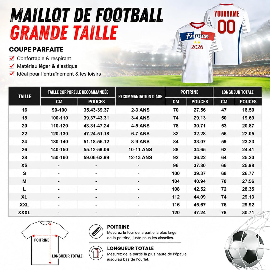 Maillot de Foot Personnalisé France, T-Shirt Sport Personnalisable Nom et Numéro, Enfant et Adulte Tenue de Sport pour Entraînement et Cadeau Football