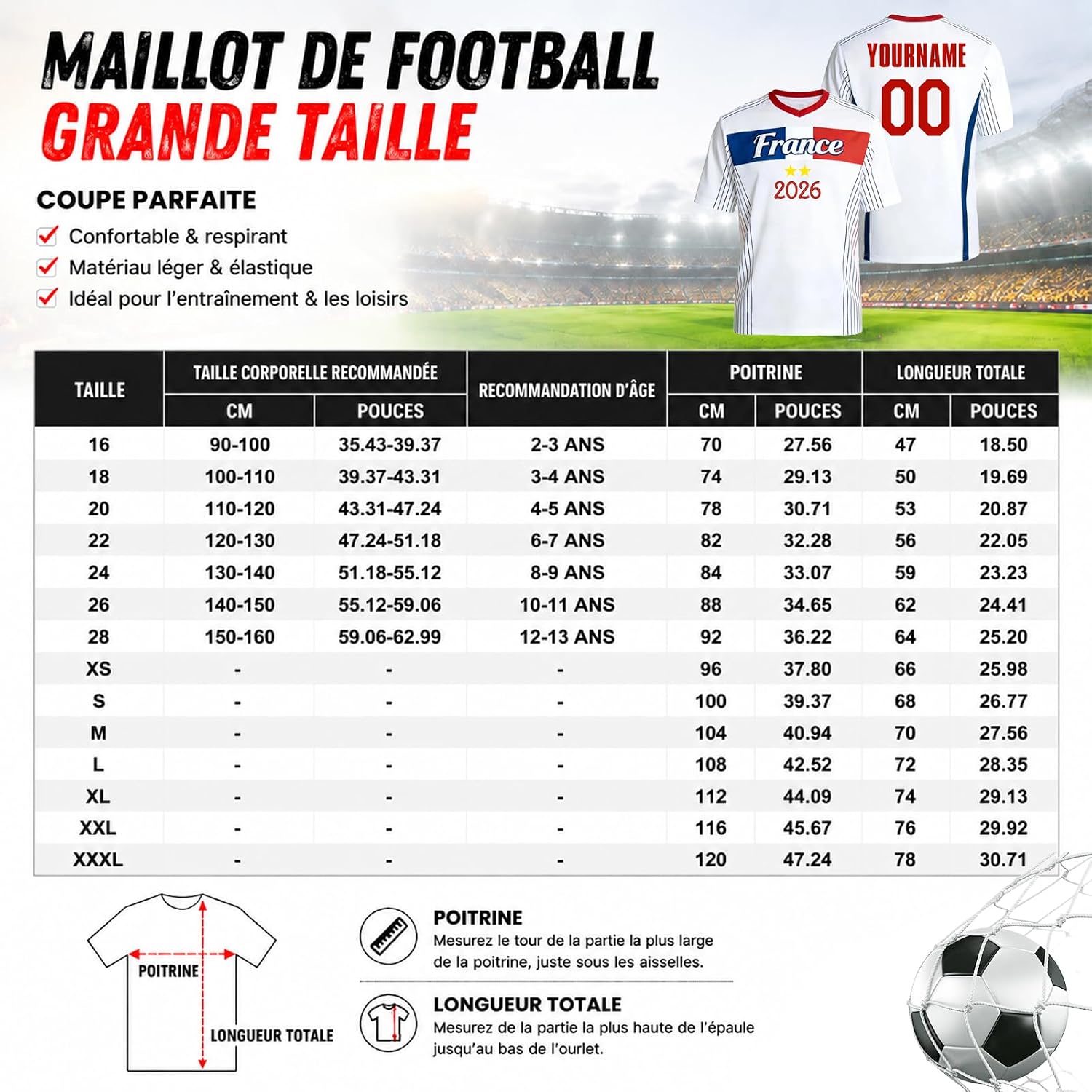 Maillot de Foot Personnalisé France, T-Shirt Sport Personnalisable Nom et Numéro, Enfant et Adulte Tenue de Sport pour Entraînement et Cadeau Football