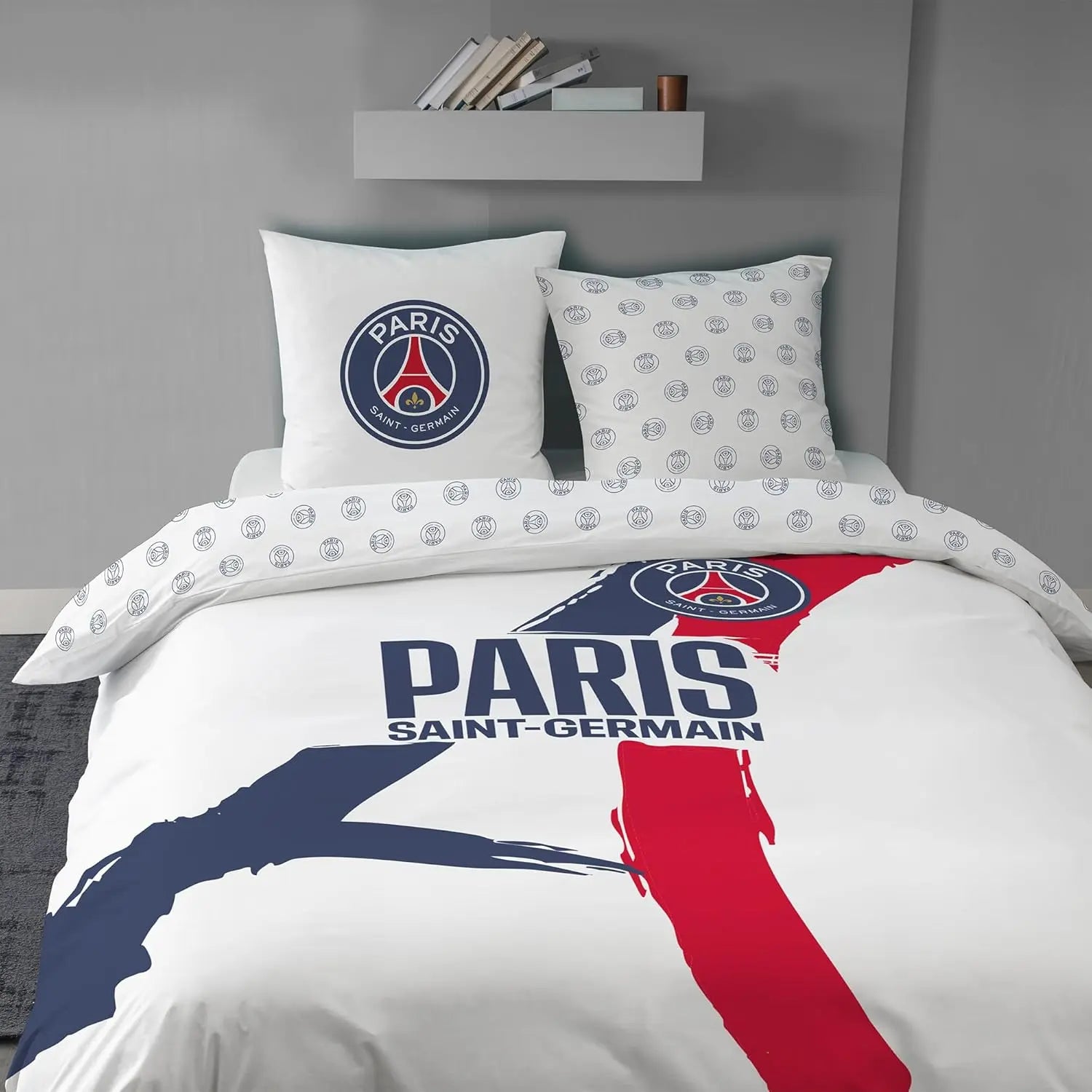 OMYDREAM PSG Tour Children's Bedding Set for Double | Children's Bedroom | 100% Cotton | Oeko-TEX | Duvet Cover + Pillowcase (s) cm | Reversible Print (White, 240 x 220 + 2 x 63 x 63 cm)